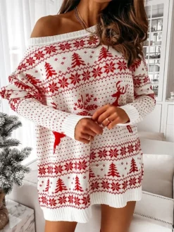 Women‘s Christmas Sweater Dress Jumper Dress Winter Dress Warm Geometric Tree Print Outdoor Christmas Casual Daily Crew Neck Long Sleeve 2023 Loose Fit White Red S M L XL