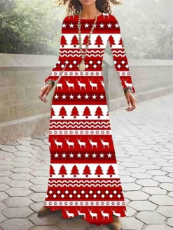 Women's Christmas Casual Dress Swing Dress Long Dress Maxi Dress Black Blue Wine Long Sleeve Santa Claus Print Winter Fall Autumn Crew Neck Stylish 2022 S M L XL 2XL 3XL 4XL 5XL