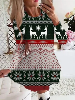 Women's Christmas Swing DressShort Mini Dress Green Red Beige White Black Long Sleeve Plaid Santa Claus Elk Pleated Print Fall Winter Crew Neck Stylish Romantic 2022 S M L XL 2XL