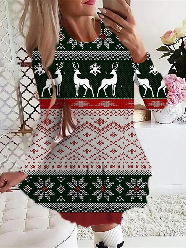 Women's Christmas Swing DressShort Mini Dress Green Red Beige White Black Long Sleeve Plaid Santa Claus Elk Pleated Print Fall Winter Crew Neck Stylish Romantic 2022 S M L XL 2XL 1 Women's Christmas Swing DressShort Mini Dress Green Red Beige White Black Long Sleeve Plaid Santa Claus Elk Pleated Print Fall Winter Crew Neck Stylish Romantic 2022 S M L XL 2XL