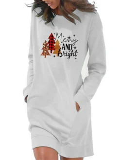 Women‘s Christmas Hoodie Dress Winter Dress Light Blue Grey White Long Sleeve Letter Tree Snowflake Pocket Print Winter Fall Crew Neck Stylish Casual Fall Dress Loose Fit 2022 S M L XL 2XL -Fashion Life Shop kzwimp1666430319389
