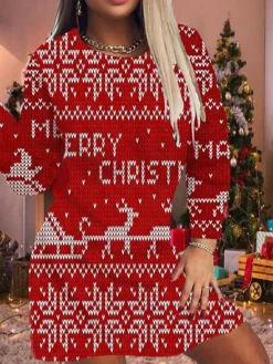 Women's Christmas Casual Dress T Shirt Dress Tee Dress Mini Dress Blue Gold Red Long Sleeve Elk Print Snowflake Patchwork Print Winter Fall Crew Neck Casual Classic Daily 2022 S M L XL 2XL 3XL 4XL