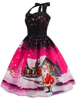 Women's Christmas Swing Dress Vintage Dress Midi Dress Blue Purple Fuchsia Red Sleeveless Santa Claus Backless Print Winter Fall Halter Neck Vacation Stylish Elegant 2022 S M L XL XXL -Fashion Life Shop lapbbm1666168101678