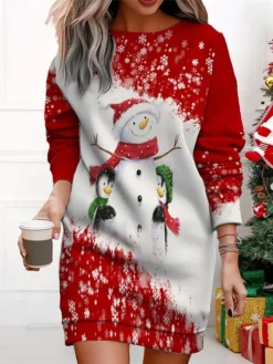 Women's Christmas Casual Dress Sweatshirt Dress Mini Dress Warm Fashion Outdoor Vacation Crew Neck Print Santa Claus Snowman Christmas Tree Loose Fit ArmyGreen Black Red S M L XL XXL -Fashion Life Shop lauzdo1695365365603