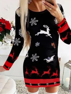 Women's Casual Dress Christmas Dress Sheath Dress Christmas Tree Snowflake Print Crew Neck Mini Dress Active Fashion Outdoor Christmas Long Sleeve Regular Fit Black White Red Fall S M L XL XXL -Fashion Life Shop lbgzoi1695022319998