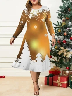 Women's Christmas Plus Size Curve Casual Dress Skater Dress A Line Dress Christmas Tree Snowflake Midi Dress Long Sleeve Print Crew Neck Fashion Outdoor Black Red Fall Winter L XL XXL 3XL 4XL -Fashion Life Shop lbjdcm1695350914691