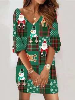 Women's Christmas Sweatshirt Dress Shift Dress Mini Dress Green 3/4 Length Sleeve Plaid Print Winter Fall Autumn V Neck Loose Fit 2022 S M L XL XXL 3XL
