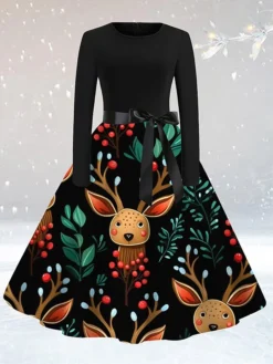 Women's Casual Dress Christmas Dress Sheath Dress Santa Claus Christmas Tree Lace Up Print Crew Neck Midi Dress Active Fashion Outdoor Christmas Long Sleeve Loose Fit Light Yellow Yellow Red Fall S M -Fashion Life Shop lcntye1694764290854