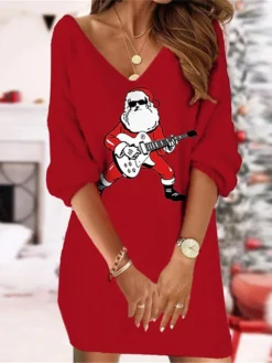 Women's Christmas Sweatshirt Dress Shift Dress Sweat Dress Mini Dress Wine Light Red Dusty Blue 3/4 Length Sleeve Santa Claus Print Winter Fall Autumn V Neck Fashion 2022 S M L XL XXL 3XL -Fashion Life Shop lduips1667992206020