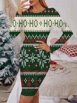 Women's Christmas Casual Dress Print Dress Green Blue Wine Dark Green Red Long Sleeve ElkTree Snowflake Print Winter Autumn Crew Neck Fashion Casual Fall Dress 2022 S M L XL 2XL 3XL 4XL 5XL 6XL