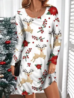 Women's Casual Dress Christmas Dress T Shirt Dress Tee Dress Santa Claus Christmas Tree Print V Neck Mini Dress Fashion Streetwear Outdoor Christmas Long Sleeve Loose Fit White Red Burgundy Fall -Fashion Life Shop lfgren1695382938474