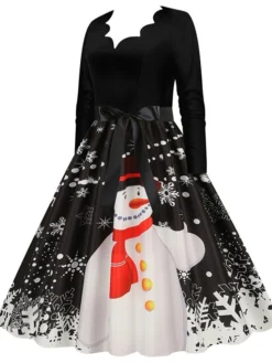 Women's Christmas Party Dress Swing DressKnee Length Dress Green Purple Wine Red Black Long Sleeve Santa Claus Elk Snowman Print Fall Winter V Neck Vintage Party Elegant Party 2022 S M L XL XXL 3XL -Fashion Life Shop lfvltk1665475507332