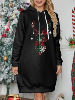 Women's Christmas Dress Hoodie Dress Mini Dress Warm Fashion Outdoor Christmas Holiday Hoodie Print Reindeer Snowflake Loose Fit Black White Wine S M L XL XXL