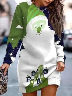 Women's Casual Dress Sweatshirt Dress Mini Dress Warm Fashion Outdoor Christmas Vacation Crew Neck Print Santa Claus Regular Fit White S M L XL XXL -Fashion Life Shop lgpdnp1697169433827