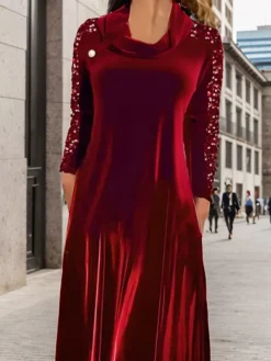 Women's Christmas Dress Winter Dress Casual Dress Long Dress Maxi Dress Patchwork Pocket Outdoor Christmas Daily Fashion Modern Cowl Neck 3/4 Length Sleeve 2023 Regular Fit Wine Color S M L XL XXL -Fashion Life Shop lgprgv1697088854916