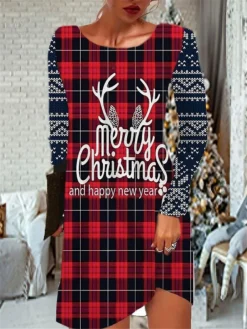 Women's Christmas Casual Dress T Shirt Dress Tee Dress Shift Dress Mini Dress Black Wine Red Long Sleeve Letter Pocket Winter Fall Autumn Crew Neck Vacation 2022 S M L XL XXL 3XL / Print -Fashion Life Shop lhiwij1667212065287