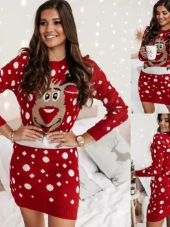 Women‘s Christmas Sweater Dress Winter Dress Sheath Dress Red Long Sleeve Animal Snowman Print Winter Fall Crew Neck Stylish Modern Winter Dress Fall Dress 2022 S M L XL