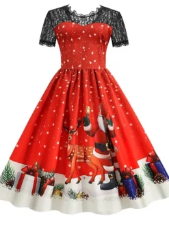 Women's Christmas Knee Length Dress Blue Purple Wine Green Black Red Short Sleeve Print Lace Print Fall Winter Round Neck CasualRegular Fit 2021 S M L XL XXL 3XL -Fashion Life Shop lhrgsz1632737572037