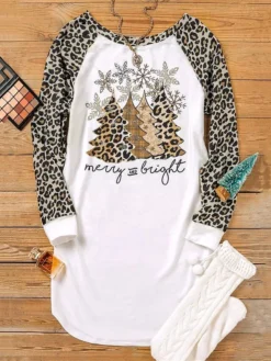Women's Casual Dress Sweatshirt Dress Mini Dress Warm Fashion Outdoor Christmas Holiday Crew Neck Print Leopard Christmas Tree Loose Fit White S M L XL XXL -Fashion Life Shop lhviyc1696732219492