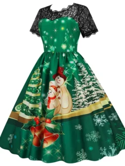 Women's Christmas Casual Dress Swing Dress Midi Dress Green Wine Light Red Fuchsia Red Black Short Sleeve Santa Claus Snowman Snowflake Lace Print Winter Fall Crew Neck Vacation Vintage 2022 S M L XL -Fashion Life Shop lhwdcc1666761917874