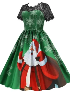 Women's Christmas Knee Length Dress Blue Purple Wine Green Black Red Short Sleeve Print Lace Print Fall Winter Round Neck CasualRegular Fit 2021 S M L XL XXL 3XL -Fashion Life Shop livlyb1632737569137