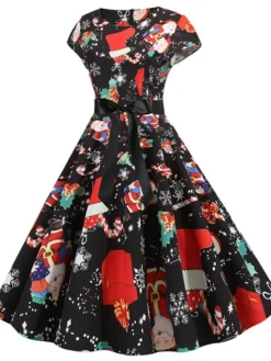 Women's Christmas Knee Length Dress Purple Wine Gray White Black Red Light Green Short Sleeve Print Bow Print Fall Winter Round Neck Casual Vintage2021 S M L XL XXL -Fashion Life Shop lizdfe1630046096864