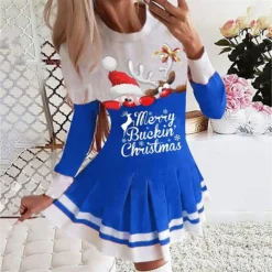 Women's Christmas Swing Dress Blue Red Black Long Sleeve Letter Santa Claus Elk Pleated Print Winter Fall Crew Neck Stylish Romantic Fall Dress Loose Fit 2022 S M L XL XXL / Winter Dress -Fashion Life Shop ljnwvq1665745382338