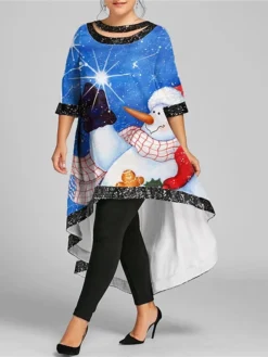 Women‘s Plus Size Christmas Dress Casual Dress Snowman Boat Neck Half Sleeve Winter Fall Casual Maxi Long Dress Daily Dress