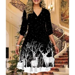 Women's Christmas Print Dress Green Blue Purple Red Black Long Sleeve Elk Snowman Tree Print Winter Autumn V Neck Fashion Casual Fall Dress Loose Fit 2022 S M L XL 2XL 3XL 4XL 5XL 6XL -Fashion Life Shop lkilzd1668426778523