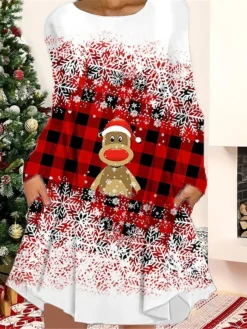 Women's Christmas Casual Dress T Shirt Dress Tee Dress Shift Dress Mini Dress Black Wine Light Red Long Sleeve Plaid Pocket Winter Fall Autumn Crew Neck Fashion 2022 S M L XL XXL 3XL