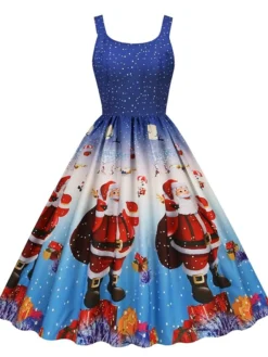 Women's Christmas Casual Dress Swing Dress Midi Dress Green Blue Sleeveless Santa Claus Print Winter Fall Spaghetti Strap Vacation Vintage 2022 S M L XL XXL / Slip Dress