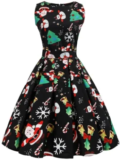 Women's Christmas Swing Dress Knee Length Dress Black SleevelessSnowman Candy Zipper Bow Print Fall Spring Round Neck VintageParty 2021 S M L XL XXL XXXL -Fashion Life Shop lkqley1628230559193 1