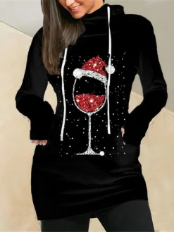Women‘s Christmas Hoodie Dress Winter Dress Mini Dress Black Long Sleeve Hat Pocket Print Winter Fall Hooded Vacation Casual 2022 S M L XL XXL 3XL