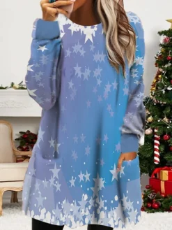Women's Christmas Sweatshirt Dress Winter Dress Mini Dress Green Blue Orange Light Blue Long Sleeve Color Gradient Pocket Print Winter Fall Crew Neck Casual Loose Fit 2022 S M L XL XXL 3XL -Fashion Life Shop llaebb1668088038025