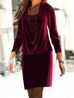 Women's Christmas Dress Velvet Dress Casual Dress Mini Dress Sequins Patchwork Outdoor Christmas Daily Fashion Streetwear Crew Neck Long Sleeve 2023 Regular Fit Wine Color S M L XL XXL Size