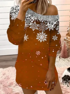 Women's Casual Dress Christmas Dress Sweatshirt Dress Snowflake Cold Shoulder Print One Shoulder Mini Dress Fashion Streetwear Outdoor Christmas Long Sleeve Loose Fit Wine Blue Brown Fall Winter S M -Fashion Life Shop llxeda1694423430125