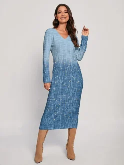 Women's Christmas Dress Sweater Dress Jumper Dress Midi Dress Warm Floral Outdoor Christmas Daily Holiday V Neck Long Sleeve 2023 Regular Fit Blue Purple S M L XL XXL 3XL