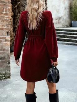 Women‘s Christmas Sweater Dress Jumper Dress Winter Dress Basic Christmas Street Daily Weekend V Neck Long Sleeve Lace Up Button 2023 Regular Fit Black Red Blue S M L XL -Fashion Life Shop lpgtcp1692340844436