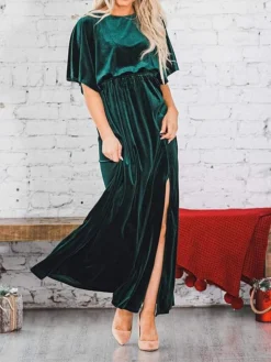 Women's Christmas Dress Casual Dress Velvet Dress Long Dress Maxi Dress Ruched Split Outdoor Christmas Daily Fashion Elegant Crew Neck Half Sleeve 2023 Loose Fit Black Wine Gold Color S M L XL Size -Fashion Life Shop lprxiq1694089526135