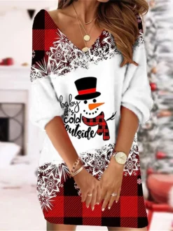 Women's Christmas Sweatshirt Dress Shift Dress Sweat Dress Mini Dress Wine Light Red Dusty Blue 3/4 Length Sleeve Santa Claus Print Winter Fall Autumn V Neck Fashion 2022 S M L XL XXL 3XL
