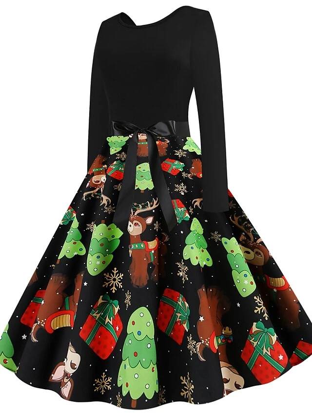 Women's Christmas Swing Dress Knee Length Dress Black Long SleeveTree Bow Print Fall Winter Round Neck VintageParty 2021 S M L XL XXL 2 Women's Christmas Swing Dress Knee Length Dress Black Long SleeveTree Bow Print Fall Winter Round Neck VintageParty 2021 S M L XL XXL - Image 2