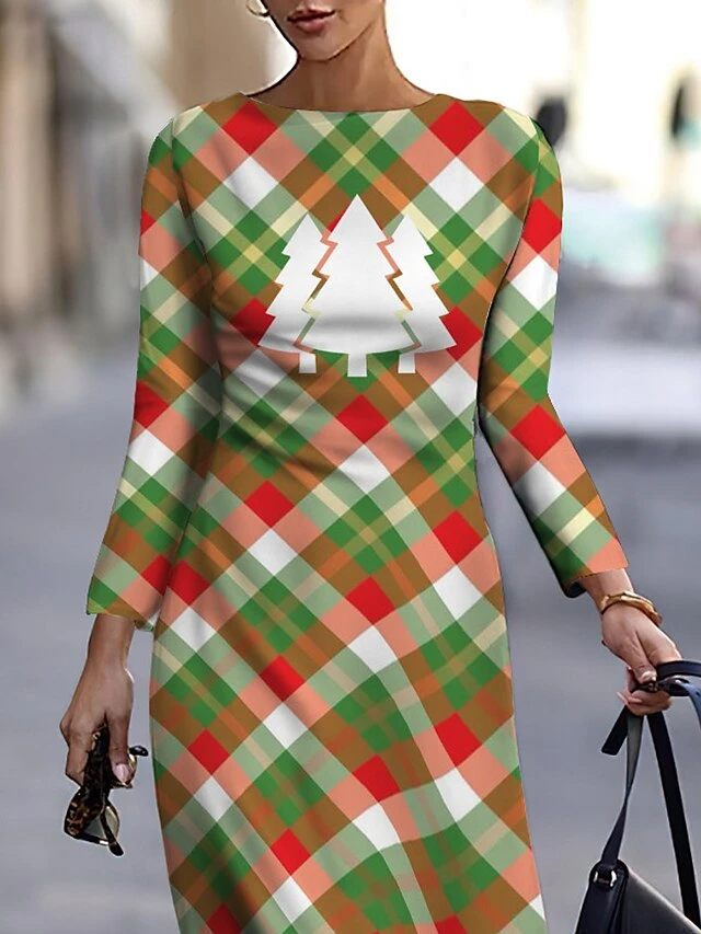 Women's Casual Dress Christmas Dress Print Dress Plaid Christmas Tree Print Crew Neck Midi Dress Fashion Streetwear Outdoor Christmas Long Sleeve Slim Green Fall Winter S M L XL XXL 2 Women's Casual Dress Christmas Dress Print Dress Plaid Christmas Tree Print Crew Neck Midi Dress Fashion Streetwear Outdoor Christmas Long Sleeve Slim Green Fall Winter S M L XL XXL - Image 2