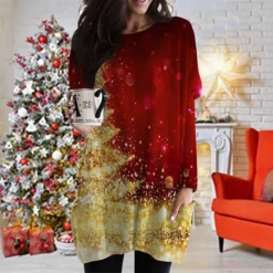 Women's Christmas T Shirt Dress Tee Dress Shift Dress Black Long Sleeve Animal Pocket Print Winter Fall V Neck Basic Casual Fall Dress Loose Fit S M L XL XXL 3XL / Winter Dress -Fashion Life Shop lqslyl1668235970751