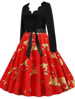 Women's Christmas Swing Dress Vintage DressKnee Length Dress Green Blue Wine Light Red Dark Green Red Long Sleeve Floral Snowman Tree Bow Print Fall Winter V Neck Vintage Fashion Casual 2022 S M L -Fashion Life Shop lrmeki1663152096966