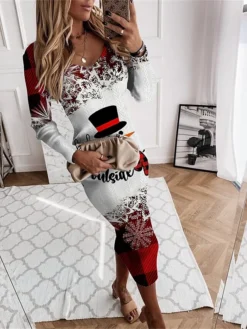 Women's Christmas Dress Sweater Dress Jumper Dress Midi Dress Warm Plaid Snowman Snowflake Outdoor Christmas Daily Holiday V Neck Long Sleeve 2023 Regular Fit Wine Blue S M L XL XXL 3XL