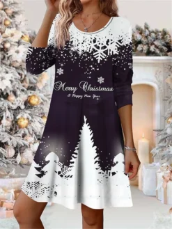 Women's Casual Dress Christmas Dress Winter Dress Christmas Tree Snowflake Print V Neck Mini Dress Fashion Streetwear Outdoor Christmas Long Sleeve Loose Fit Black And White Black White Fall Winter S -Fashion Life Shop lsgjcq1697097366081