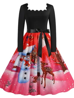 Women's Christmas Casual Dress Vintage Dress Midi Dress Black Blue Wine Long Sleeve Santa Claus Bow Winter Fall Spring Square Neck Vacation Christmas Daily Vacation 2022 S M L XL XXL 3XL -Fashion Life Shop lsgykm1667637132072