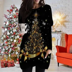 Women's Christmas T Shirt Dress Tee Dress Shift Dress Black Long Sleeve Animal Pocket Print Winter Fall V Neck Basic Casual Fall Dress Loose Fit S M L XL XXL 3XL / Winter Dress -Fashion Life Shop lszgrm1668235972860