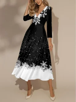 Women's Casual Dress Christmas Dress Swing Dress Snowflake Print V Neck Midi Dress Fashion Streetwear Outdoor Christmas 3/4 Length Sleeve Regular Fit Black Red Blue Fall Winter S M L XL XXL