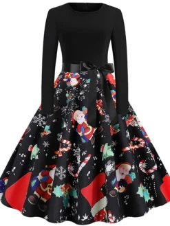 Women's Christmas Knee Length Dress Green White Black Rainbow Red Long Sleeve Print Snowflake Santa Claus Print Fall Winter Crew Neck Casual Vintage Party 2022 S M L XL XXL
